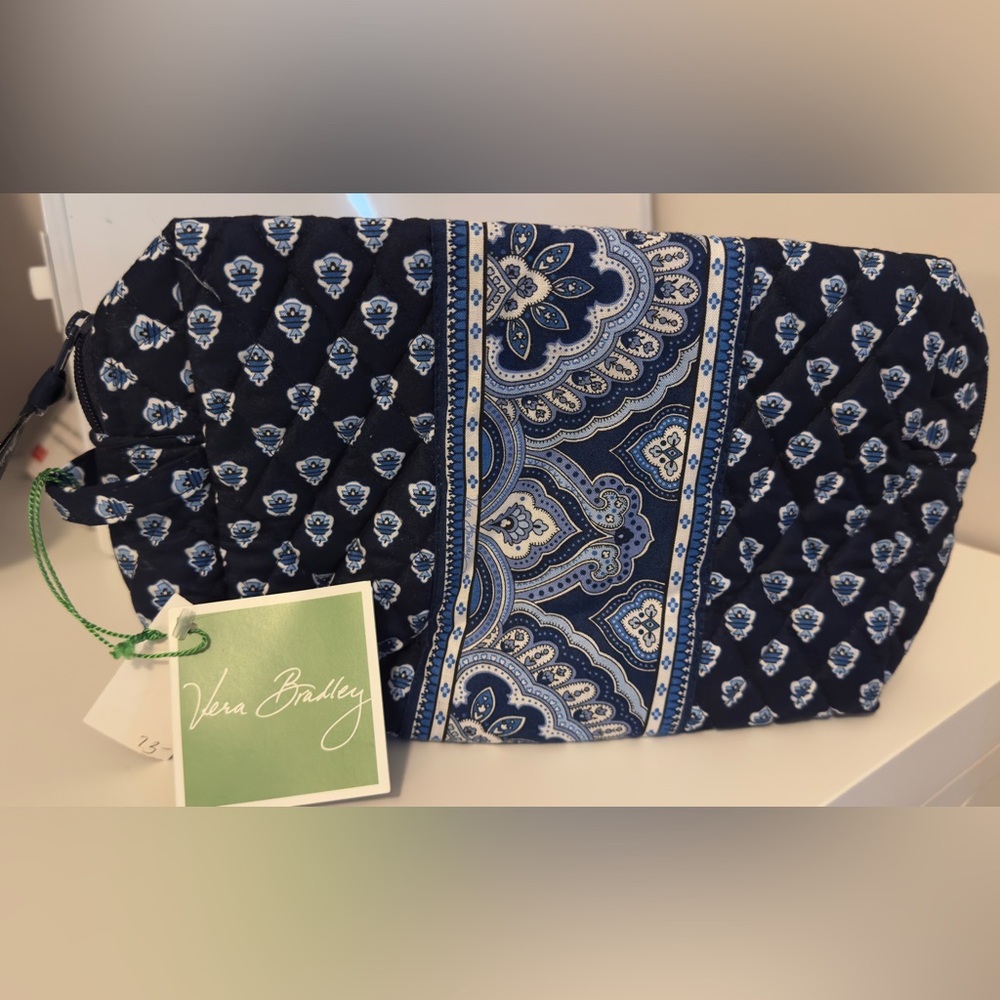 Vera Bradley Navy Blue Vinyl Lined Quilted Cosmetic Bag